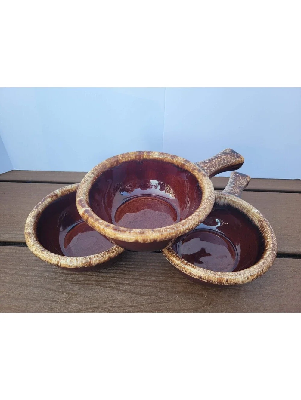 Hull Brown Stoneware Soup Bowls Set Of 3 Oven Proof USA Vintage Retro Kitchen